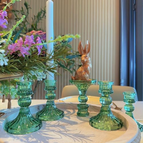 Glass Candlestick Holder,Striped Taper Candle Holders,Set of 6 Candle Stand for Table Centerpieces, Home Decor,Weddings,Festival and Parties (Green Stripe Pattern) - color: Green Stripe Pattern