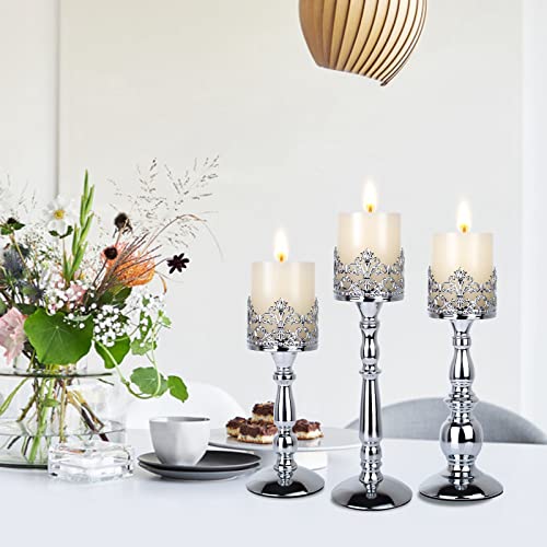 Candle Holders for Pillar Candles Set of 3 Silver Vintage Tall Candle Holders Decorative Large Table Centerpieces Candle Stand Decor - color: Silver