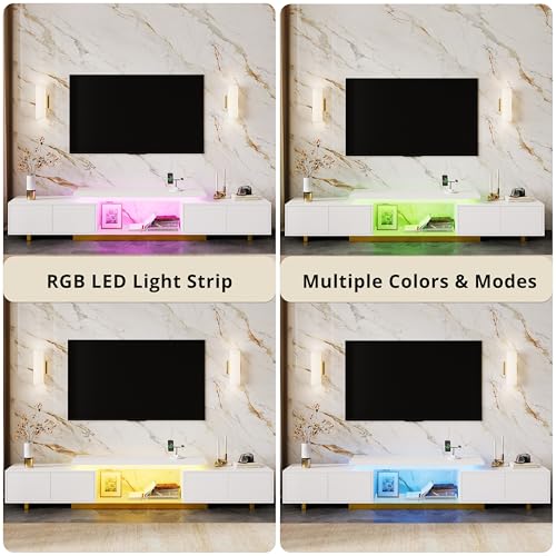 LIKIMIO Extendable TV Stand for 65-90 Inches TVs, Adjustable Length 63''-94.5'', Modern White Entertainment Center with Storage Cabinets, Charging Station & LED Lights, Media Console for Living Room
