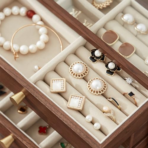CHOSIN Black Walnut Jewelry Box for Women, 4-Layer Wooden Organizer with Glass Lid, for Watches, Necklaces, Rings & Earrings Storage Christmas Gifts - style: 4 Layer A