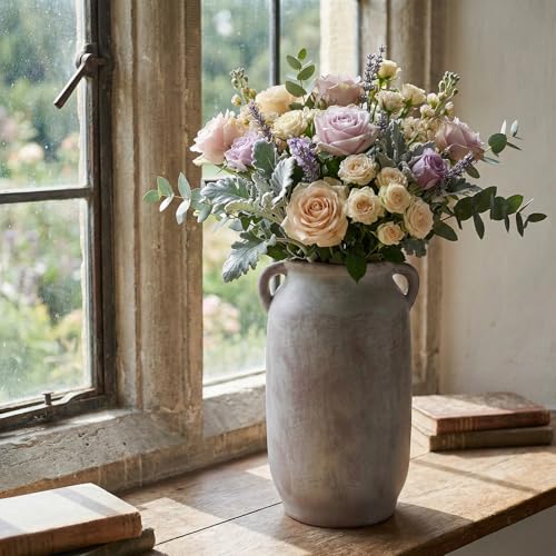 11.5 Inch Tall Ceramic Flower Vase with Handle, Terracotta Farmhouse Rustic Decor | Waterproof Table Centerpiece for Living Room, Kitchen Shelf & Dining Table | Vintage Pottery Home Decoration - size: 11.5inch
