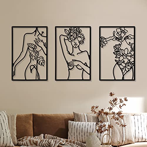 CHENGU 3 Pieces Metal Minimalist Abstract Woman Wall Art Line Drawing Wall Art Decor Single Line Female Home Hanging for Kitchen Bathroom Living Room - style: Body with Flower