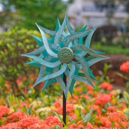 Viveta Metal Wind Spinners,53.5" Kinetic Wind Sculptures,Green Garden Pinwheels Double Layer Windmill for Outdoor Patio Lawn Yard - color: 2-green