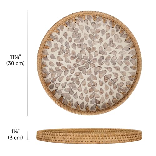 StorageWorks Decorative Coffee Table Trays for Home Decor, Round Rattan Tray with Mother of Pearl Inlay, Small Wicker Woven Serving Tray Decor for Kitchen Counter, Living Room and Ottoman, Yellow - color: Yellow Petal, size: 11.8"