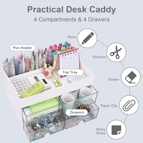 Meiikun Desk Organizer, Office Organizer with Drawer, Desk Accessories & Workspace Organizers, Pen Holder Office Supplies for Desk (4 Drawers+4 Compartments, White) - color: 4 Compartments + 4 Drawer (White)