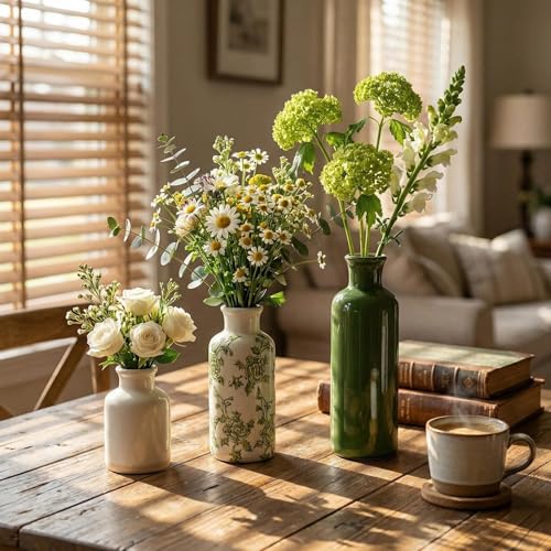 Rustic Ceramic Vase Set of 3, Flower Vases for Farmhouse Decor, Kitchen Living Room Table Centerpieces Decoration, Shelf, Mantel and Entrance Decorations-Multicolor. - color: Green-2