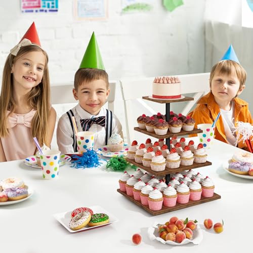 ELITEROO 4 Tier Cupcake Stand, 360 Rotating Cupcake Stand for 50 Cupcakes, Square Tiered Cup Cake Tower Holder, Wooden Dessert Display Stands for Party Wedding Graduation Birthday Baby Shower