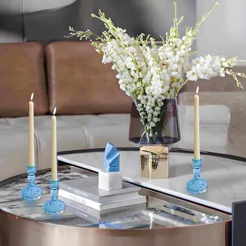Glass Candlestick Holder,Striped Taper Candle Holders,Set of 6 Candle Stand for Table Centerpieces, Home Decor,Weddings,Festival and Parties (Blue Stripe Pattern) - color: Blue Stripe Pattern