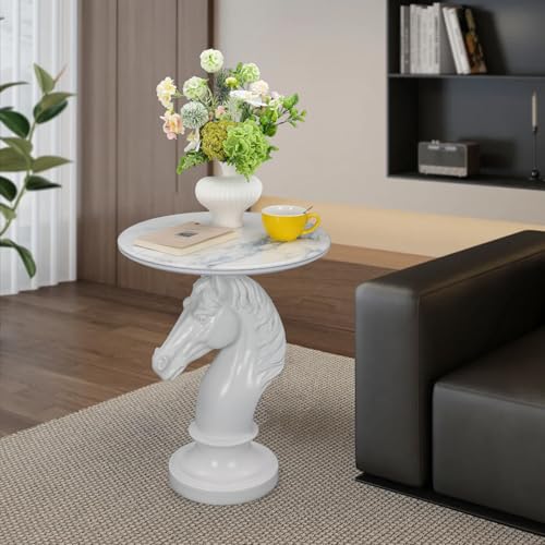 Modern Accent Table Living Room Horse Statue White Contemporary‌ Faux Marble Night Stand Side Table with Horse Head Base Reception Area & Bedroom（Width 19.69" ——Tall 24.8"） - style: White horsehead table
