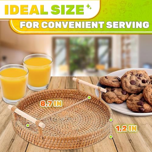 Rattan Tray 8.7-Inch Round – Woven Serving Basket with Handles – Holidays Romantic Decorative Tray for Coffee Table, Bread, Fruit, Vegetables, Restaurant & Home Use Charming Styling Coffee Table Decor
