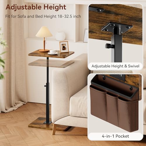 Vagusicc Sofa Armrest Tray Table for Couch - 360° Swivel Height Adjustable Side Table for Small Spaces, Snack Side Table for Bed or Chair, C Shaped End Table Snack Table for Eating Dinner Laptop - color: Rustic Brown, style: With Plug+Storage Bag