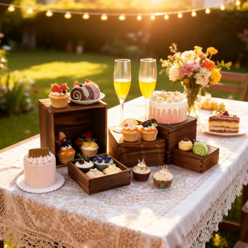 3 Pack Wood Cake Cupcake Stand Buffet Risers, Wooden Display Stand Wood Display Riser, Square Food Display Risers for Party Wedding Birthday Home (6" 7" 8") - color: Brown 3pcs (6" 7" 8")