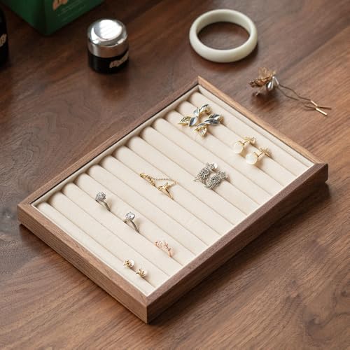 12-Line Black Walnut Wooden Jewelry Tray with Velvet Lining - Premium Ring & Earrings Storage Organizer for Drawers, Luxury Jewelry Display Tray, Elegant Jewelry Organizer for Women - color: 12 Line