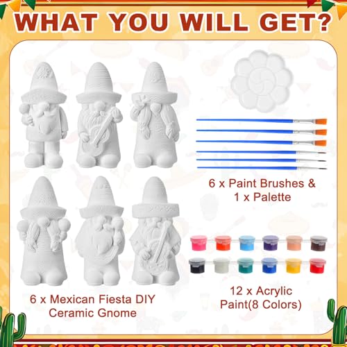 Arrowbash 6 Pcs Mexican Ceramics to Paint Ready to Paint Your Own Gnome Statues 5.12 Inch Mexico Theme Paintable Figurines DIY Unpainted Ceramics Plaster Crafts with Brush Palette - style: Mexican
