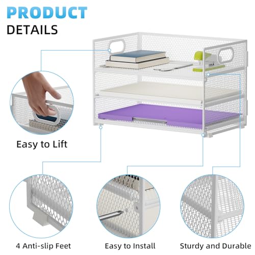 Marbrasse 3 Tier Paper Organizer Letter Tray, Mesh File Organizer with Handle, Paper Sorter Desk Organizer for Home Office Supplies(White) - color: White