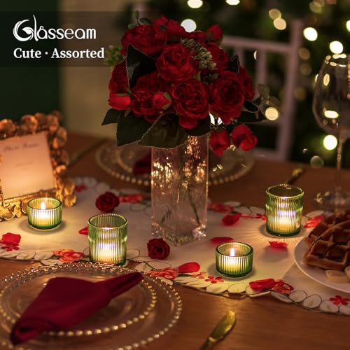 Glass Votive Tealight Candle Holder: Glasseam Small Green Tea Light Holders Set of 8 Decorative Ribbed Tea Lights Holder for Table Centerpiece Wedding Christmas Dining Room Decor - color: Green
