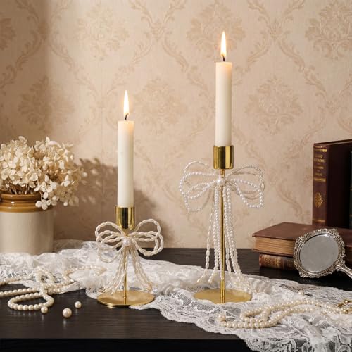 Yungyan Gold & Pearl Bow Candle Holders Set of 2 Metal Taper Candle Stands Vintage Modern Decorative Candlesticks Holders for Dining Table, Wedding, Fireplace, Holiday & Christmas Decor