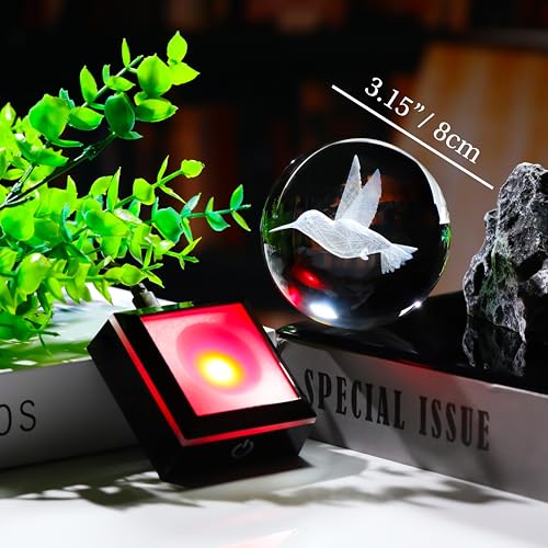Qianwei 3D Crystal Ball Hummingbird Gift - 3.14'' 80mm Laser Decor Glass Animal Figurine Statue for Room Decorations With Night Light - style: Hummingbird