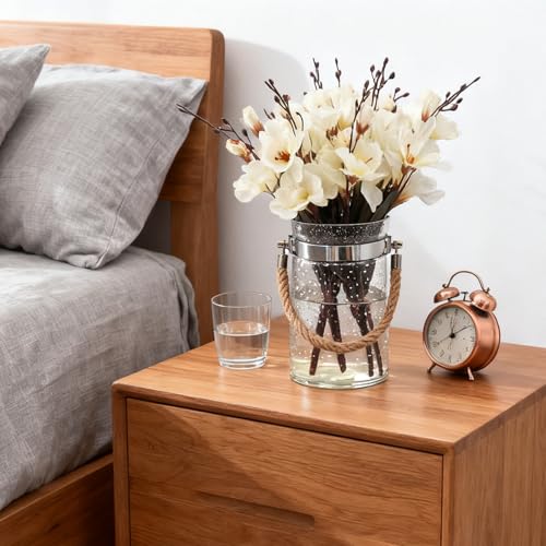 Barrel-Shaped 8.46" Large Mouth Clear Glass Vase with Hemp Rope Handle - Ideal for Floral Arrangements, Bouquets, Floating Tealights, Home Display & Holiday Decor - color: Clear, size: 06