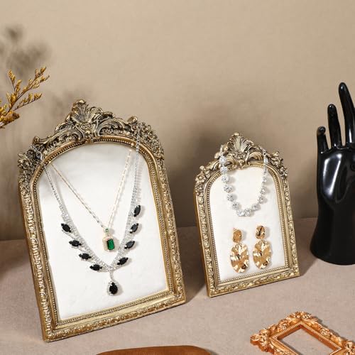 2pcs Gold Resin Jewelry Display Stand,Vintage Jewelry Holder Photo Frame Earring Holder,Velvet Necklace Tray Resin Jewelry Photography Props or Jewelry and Collectibles
