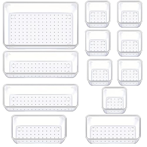 Manalete Drawer Organizers Set of 12, 4 Sizes Clear Plastic Drawer Organizers and Storage Bins for Kitchen, Bathroom, Office, Dresser Desk Drawer Organizer Tray for Jewelry, Makeup, Junk, Gadgets