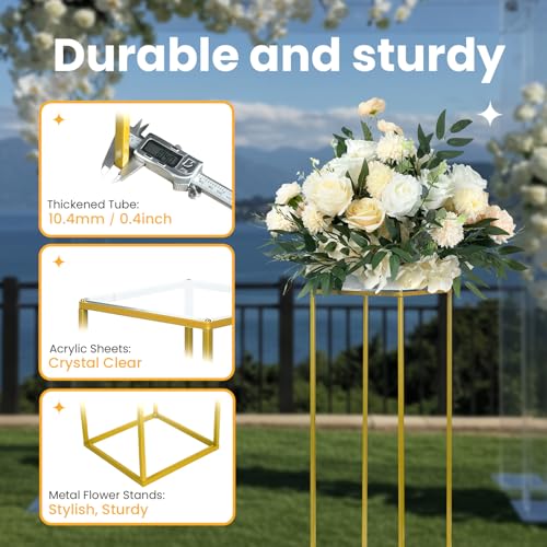YALLOVE 2 Pack 23.75 Inch Gold Wedding Flower Stand Metal Vase Column Stand Geometric Centerpiece Vase for Home Party Wedding Decorations, Rectangular Flower Display Rack - size: 23.75 Inch