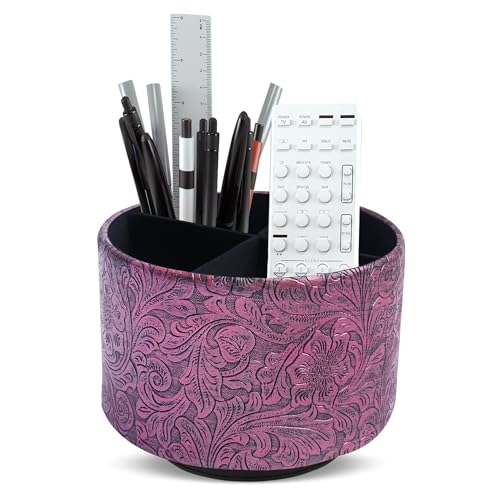 lizimandu Round Leather Art Supply Organizer,Remote Control Holder,360 Degree Spinning,Multi-Functional Pencil Holder,4 Compartments Desktop Stationary Organizer(1-Carved Metal Rose Red) - color: 1-Carved Metal Rose Red