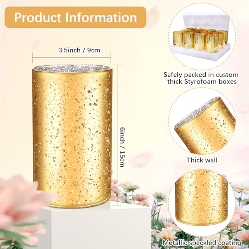 Sunnyray 12 Pcs Gold Cylinder Vases for Centerpieces, 6 Inch Speckled Flower Vase Wedding Decorations, Mercury Glass Votive Candle Holders, Decorative Gold Wedding Centerpieces for Tables