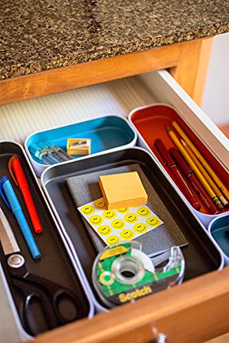 Three by Three Seattle 10 Piece Metal Organizer Tray Set for Storing Makeup, Stationery, Utensils, and More in Office Desk, Kitchen and Bathroom Drawers (1 Inch, Gray, Sky Blue, Orange) - color: Gray, Sky Blue, Orange, size: 10 Piece
