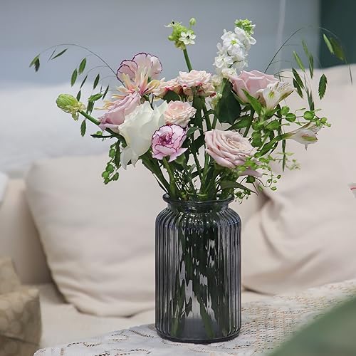 OFFIDIX Glass Vase,7.3 * 4.3in Vertical Line Geometric Faceted Design Flower Vase - color: Gray