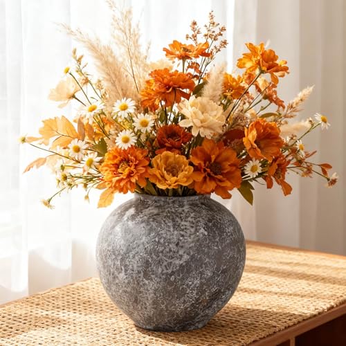 Rustic Black Stone Vase Home Decor - 6 in Ceramic Vintage Farmhouse Vases for Decor, Decorative Terracotta Round Clay vase for Living Room, Table, Shelf, Kichen Décor - style: Rustic Brush Black
