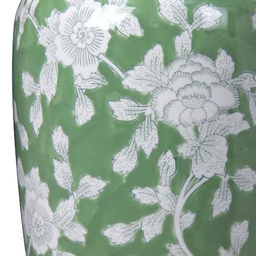 Spring Floral Ceramic Vase, Green and White Chinoiserie Vase with Hand-Painted Peony Design, 14 Inch Tall Decorative Vase for Home Decor, Table Centerpiece