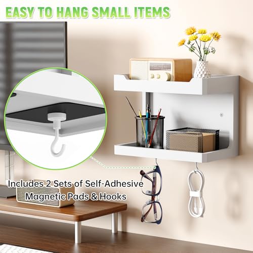 NiHome Large Wall Mounted Wooden Bedside Organizer, Double Storage Shelves & Magnetic Hooks, Solid Wood Bedside Shelf for Phone Glasses Remote Keys, Space-Saving Wall Rack for Bedroom RV Dorm (White) - color: White, size: Large
