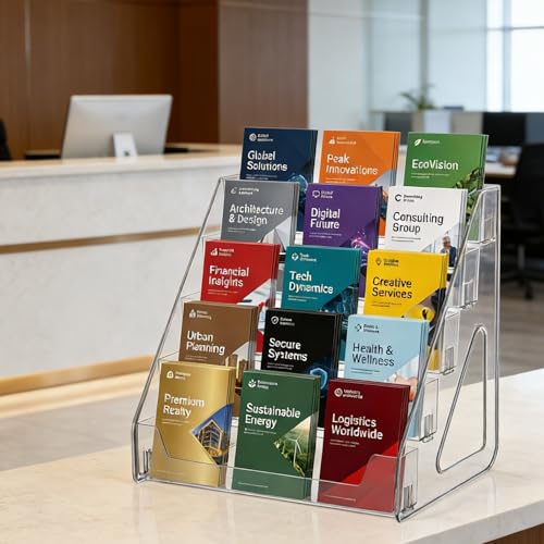 5 Tier Brochure Holder 12x13” Clear Acrylic Literature Display Stand Holds 3 Brochures in One Row Pamphlet Holder Display Stand for Booklets Flyers Table Signs Office Exhibition Store Home, 1 Pack