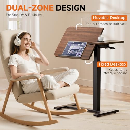 GTPLAYER Overbed Bedside Table with Wheels,Tiltable Hospital Bed Table Over The Bed, Pneumatic Adjustable Rolling Laptop Desk, Mobile Standing Desk for Hospital and Home Use (Walnut) - color: Walnut