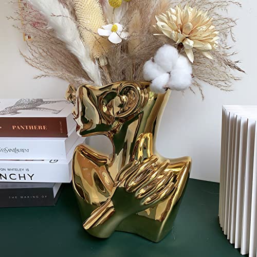 Ceramics Statue Flower Vase Face Pots Bust Head Shaped for Birthday Gifts Home Office Decoration (Gold) - color: Gold