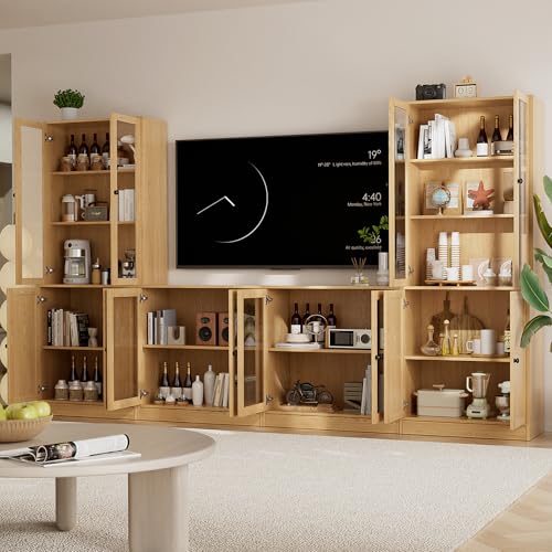 TUSY 71" TV Stand Storage Set - 2 Tall Bookcases & 2 Side Cabinets, Media Console with Glass & Wood Doors, Entertainment Center with Drawers, Tall Media Console for Living Room (Wood, ADDA) - color: Wood