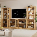 TUSY 71" TV Stand Storage Set - 2 Tall Bookcases & 2 Side Cabinets, Media Console with Glass & Wood Doors, Entertainment Center with Drawers, Tall Media Console for Living Room (Wood, ADDA) - color: Wood