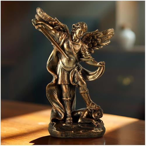 St. Michael The Archangel Statue – Bronze Resin Religious Figurine Depicting Saint Michael Defeating Evil – Christian Catholic Angel Sculpture for Home, Office, and Prayer Decor - size: 3.54 × 1.65 × 5.32 inches