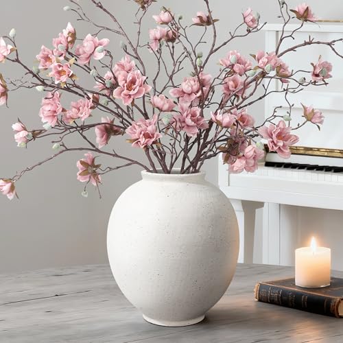 Starttag Large White Ceramic Vase, 9.8 inch Rustic Farmhouse Flowers Vase for Home Decor, Sandstone Texture Round Pottery Tall Vase Indoor for Table Living Room Decor - color: White