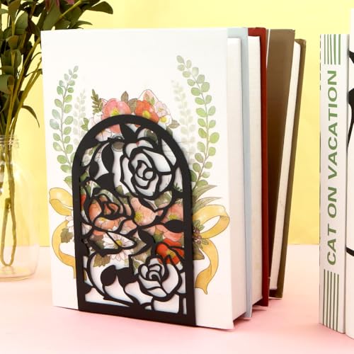 Elegant Rose Bookends Hollow-Out Rose Flower Book Ends Shelves Organizer Metal Book Stands Journal Book Holder Reading Room Decorative Bookends Library Book Stoppers for Office Home School (Black) - color: Black