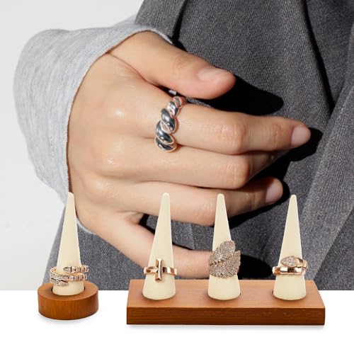 Oirlv Natural Solid Wood 3-Ring Jewelry Display Stand Creamy White Ring Organizer Holder - color: 3 Wood Creamy-white