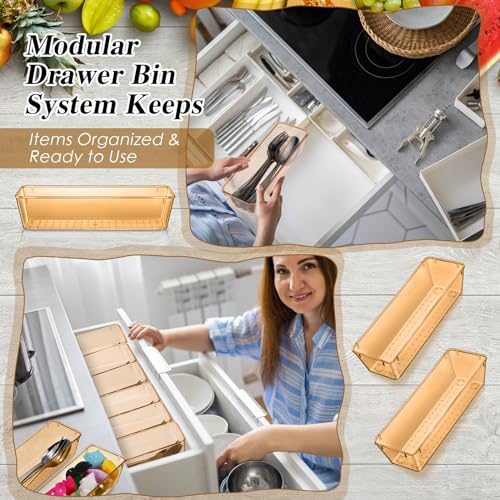 Maitys 12 Pcs Clear Drawer Organizer 9 x 3 x 2 Inches Plastic Rectangle Trays Makeup Vanity Storage Bins and Kitchen Drawers Dividers for Office Desk Silverware Kitchen Utensils(Champagne) - color: Champagne, size: 9 x 3 x 2 Inches