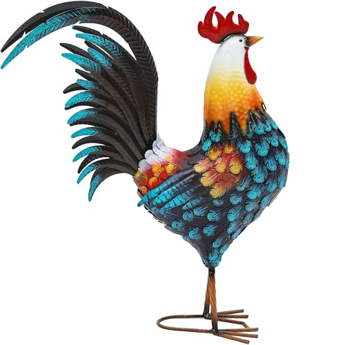 32" Large Metal Rooster Yard Decor, Outdoor Garden Statues, Metal Chicken Sculpture for Backyard Patio Kitchen Living Room Decor - color: 32"h Extra-large Blue Rooster