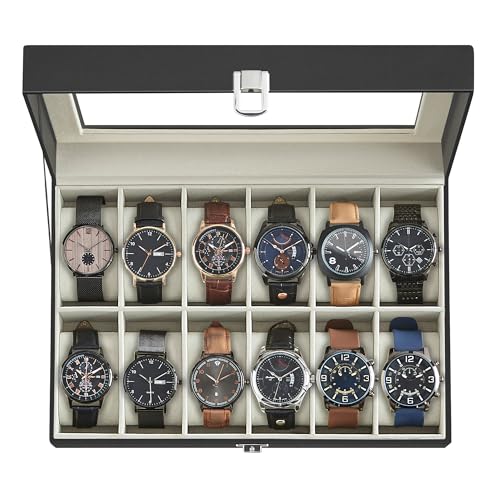 SONGMICS Watch Box, 12-Slot Watch Case Organizer with Large Glass Lid, Removable Pillows, Gift for Loved Ones, Black Synthetic Leather, Greenish Beige Lining UJWB12BE - color: Black + Greenish Beige, size: 12 Slot