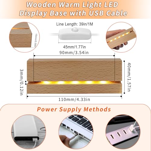 Led Light Display Base - 4pcs Rectangle LED Display Stand with Dimmable Warm Light Lamp, Wood Art Lights Display Pedestal for Crystal Glass Resin Art Home Decor