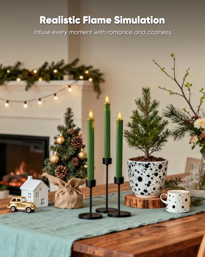 Homemory 6 Pcs Real Wax Green Flameless Taper Candles with Remote Timer, 9.6 Inches LED Fake Candlesticks, LED Candle with 3D Flickering Flame for Romantic Wedding, Dinner, Xmas Anniversary Decor - style: Nature - Green 9.6"