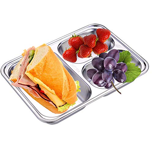 Set of 2 Stainless Steel Divided Plates Tray 3 Sections Diet Food Control Dinner Plate for Adults - Unbreakable Metal Plate for Campers Portion Control Reusable Plate - size: 9.45 x 6.69 Inch (3 Sections)