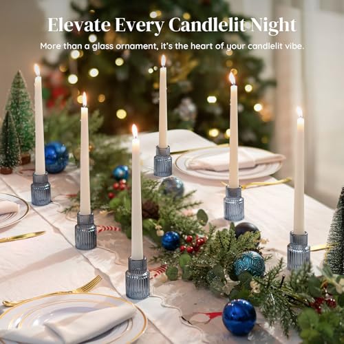Glasseam Candle Sticks Holder Decor: 2 Pcs Ribbed Glass Blue Candlesticks Holders Modern Fluted Taper Candle Holders for Table Centerpiece Wedding Decorations Dinner Party Home Decor - color: Blue
