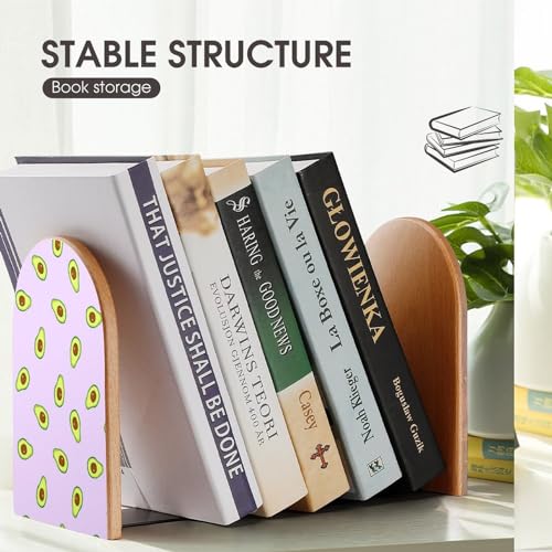 Wooden Bookends 2 Pcs,Avocado Purple Pattern Heavy Duty Office Book Ends Anti Slip Book Shelf Holder with Metal Base Decorative Book Stands - color: Avocado Purple Pattern